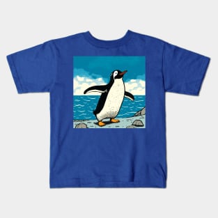 Happy Penguin jumping out of the ocean and shaking water from its feathers Kids T-Shirt